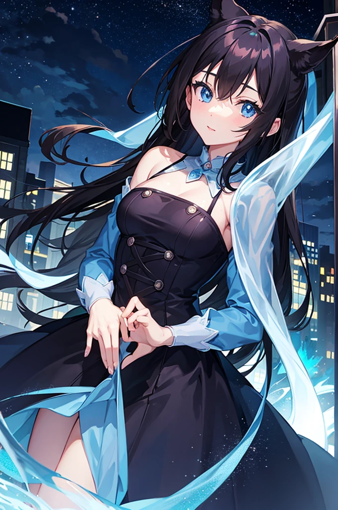 anime girl, dark hair, night blue city