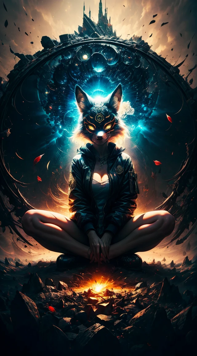 Full body photograph of a girl in lotus position，raw, Shooting, (Be concentrated:1.5), (reality:1.4), dusk lighting, volumetric lighting, ultra high resolution,dramatic lighting, White background,（zentangle，mandala，dispute，Plot), fox demon，Fox mask，bomber jacket, Foxfire Curse, fox family, transformation, depth of field, dream atmosphere, The most beautiful chaos, funny, Dark Brutalist Design Theme., flower of death, Flowers of ecstasy，bright line,Example of glow，Tracking example，flash， Backlight，translucent，light particles, petal girl
