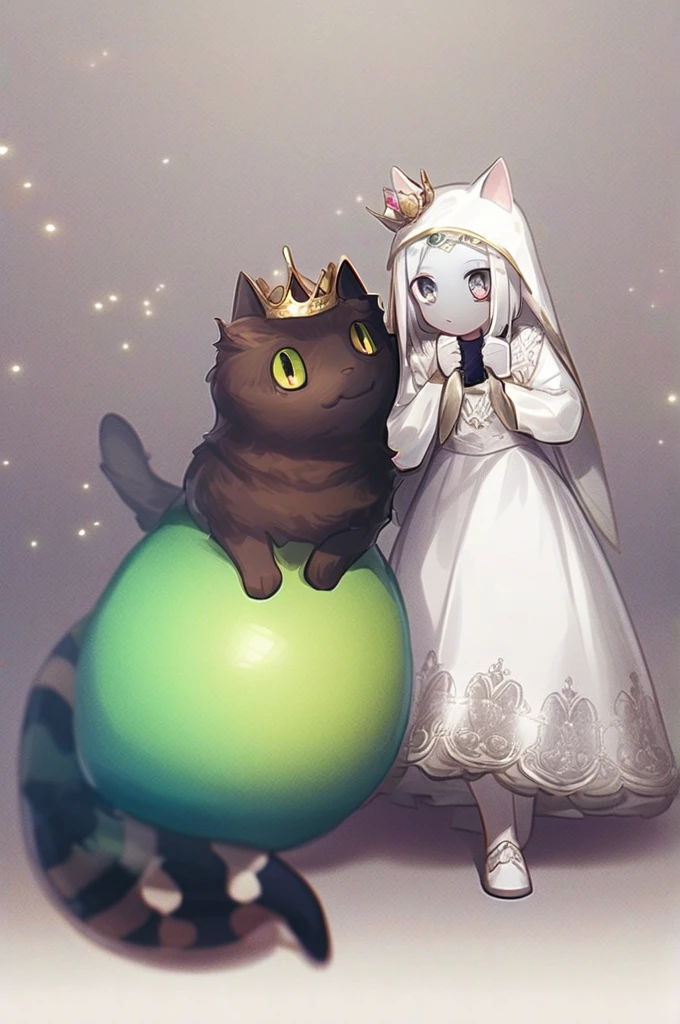 ((Лучшее качество)), ((шедевр)), (подробный), The girl is an alien. the eyes are gray-black and very very large. the skin color is gray-blue. the long white dress glitters. The girl is a princess. There is a crown and a veil on his head. The moon planet is behind us. The girl has a striped brown cat in her arms .white hair , long to the floor