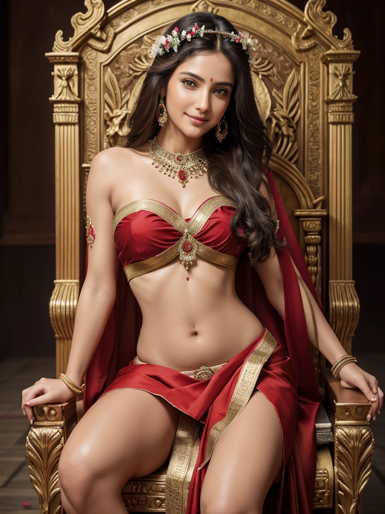 a goddess with long hair, smiling expression, intoxicated eyes, garland of kadamba flowers, various ornaments, sweating, three horizontal folds below navel, thin vertical line of fine hair below navel, seated on throne, wearing a red thick saree, red jewelry, holding a skull in left hand and a sword in right hand, in a baroque style, acrylic on canvas, high quality, highly detailed, best quality, 4k, 8k, highres, masterpiece, ultra-detailed, realistic, photorealistic, photo-realistic, HDR, UHD, studio lighting, ultra-fine painting, sharp focus, physically-based rendering, extreme detail description, professional, vivid colors, bokeh