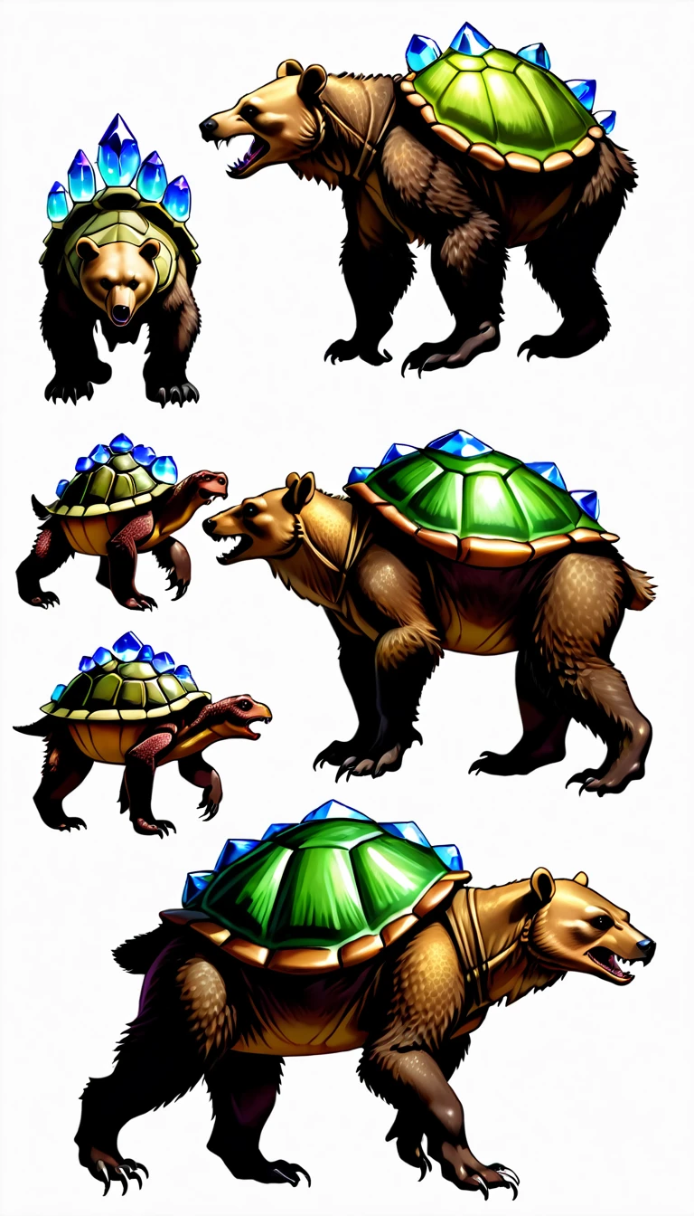 Large Bear Like Creature with large crystals forming a turtle like shell atop it's back, fantasy carnivore, fantasy Fauna, imaginative wildlife, concept art, (creature design sheet, multiple views, poses for reference)