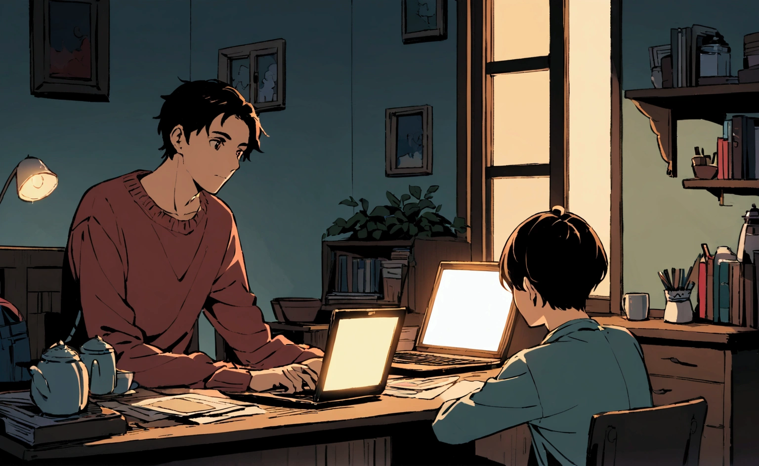Create an image with the ghibli studio traits of a boy and a girl studying in a somewhat dark environment with a lamp nearby, and two cups of coffee, each has his laptop in front of him, there is a window behind him
