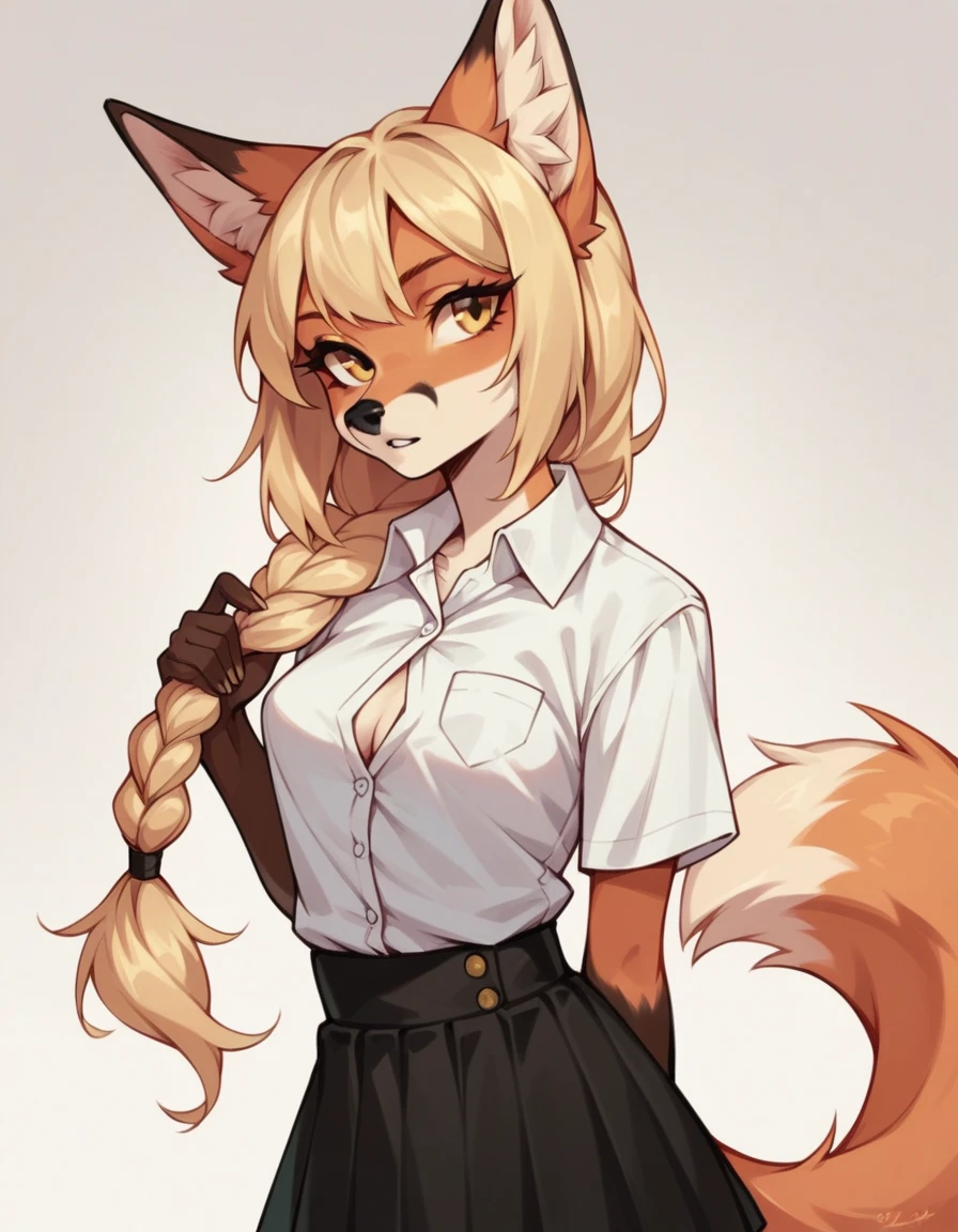 score_9,score_8_up,score_7_up, Anthro, light yellow anthro furry fox girl, blonde fox girl, long blonde hair, single braided hair, yellow eyes, snout, black nose, blonde furry body, fox ears and tail, small breasts, wearing white button up shirt, black skirt