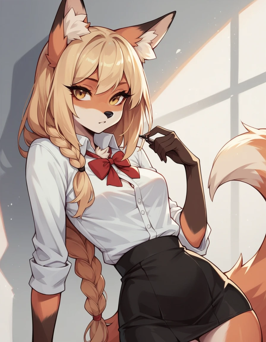 score_9,score_8_up,score_7_up, Anthro, light yellow anthro furry fox girl, blonde fox girl, long blonde hair, single braided hair, yellow eyes, snout, black nose, blonde furry body, fox ears and tail, small breasts, wearing white button up shirt, black skirt