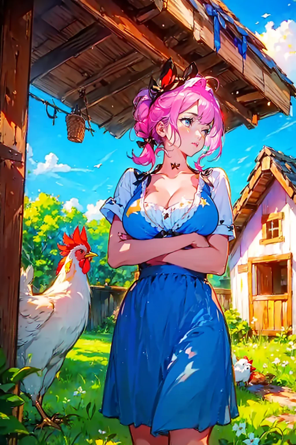 1girl and 1rooster,,cute,big breast,cleavage,in chicken coop,sunshine,in morning