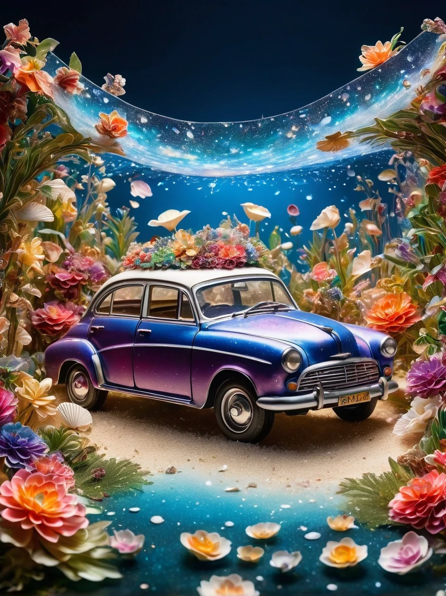 Paper cut car, news, Milky Way, transparent, The wind blows the flowers, flash, spark, Extraordinary, Rich and colorful, Amazing photo, Dramatic lighting, Light background, Realistic photos, Very detailed, 8k, High resolution, Very detailed and sharp, high quality, artistic, Individuality, Surrounded by aquatic plants made of pearl oysters，Exquisite detail