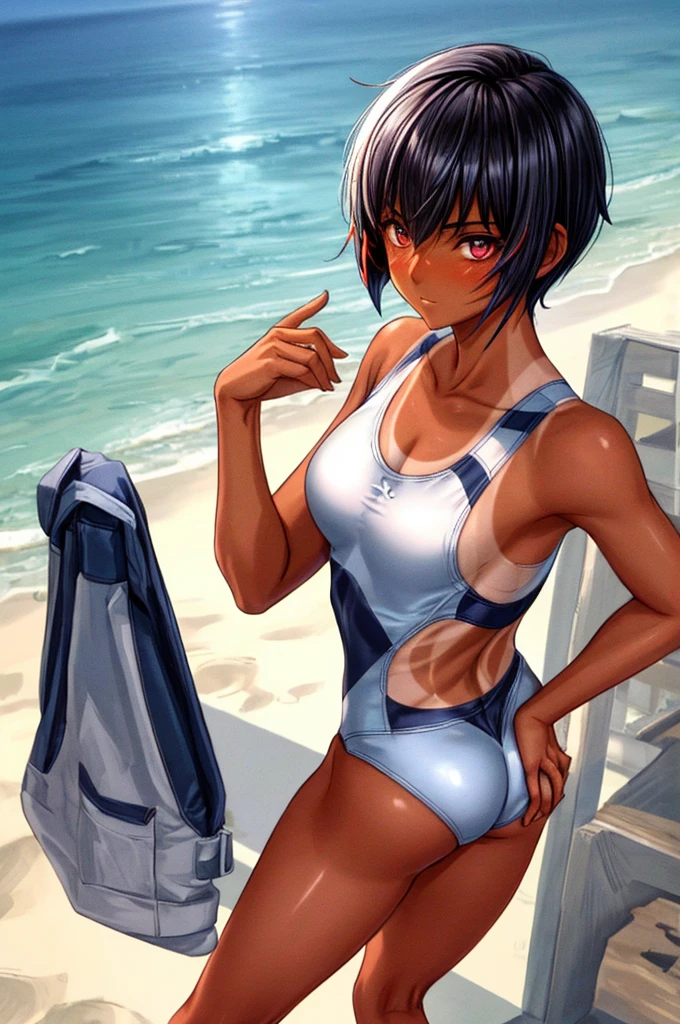 best quality, high quality, ultra quality, Absurd:1.5, BREAK 1人の***, 18_ years_ old, tomboy, BREAK (muscle:0.5), (Black Hair, Pixie Cut Tan, Sunburn lines, Dark skinned women, Dark Skin:1.3), (gigantic 胸:1.5, beautiful detailed eyes), shiny hair, shiny skin, oily skin, super detailed skin, perfect hands, BREAK ((competition swimsuit)), (pleased:1.2), (1girl standing, cowboy shot:1.3), (contrasted, One hand on hip:1.5), outside, beach, evening, (ass pov), (from above, high angle, looking ahead:1.5),
