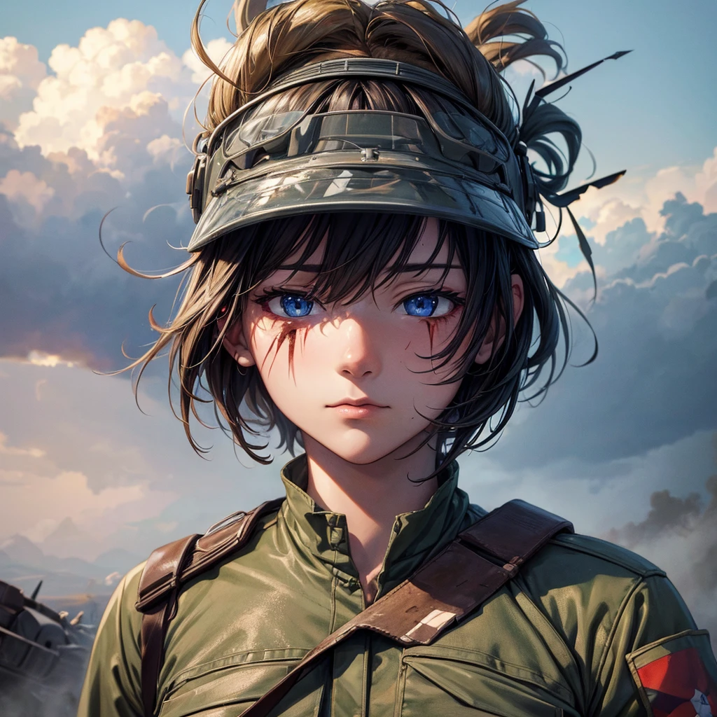 ((best quality)), ((masterpiece)), (detailed), (anime art), scarred face, american soldier, air force, war torm battlefield,