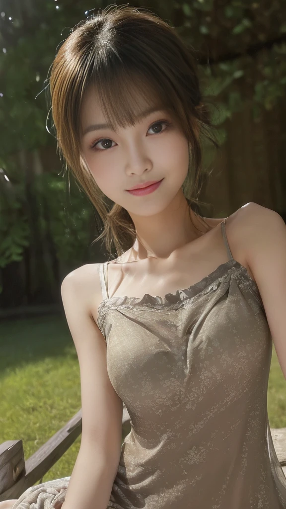 ((((masterpiece、Highest quality、High resolution、Tabletop、wallpaper、Realistic、Bright lighting、Professional Lighting、Face Light、Smooth lighting、Japanese women、Beautiful woman、action、gravure、sexly、so beautiful、Beautiful Skin、Beautiful and exquisite、Detailed face、slim、Looking into the camera))))、((Big Breasts:1.4))、((((japanese,20-years-old,One woman,outdoors,Looking into the camera,night dress:1.5)))),smile,close mouth,Five perfect, beautiful fingers on each side、細い指