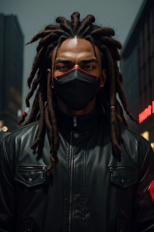 A man with a mouth mask, black urban jacket, dreadlocks, wearing red and black clothes, detailed portrait, hyperrealistic, 8k, high quality, cinematic lighting, moody, dark, dramatic, urban street background