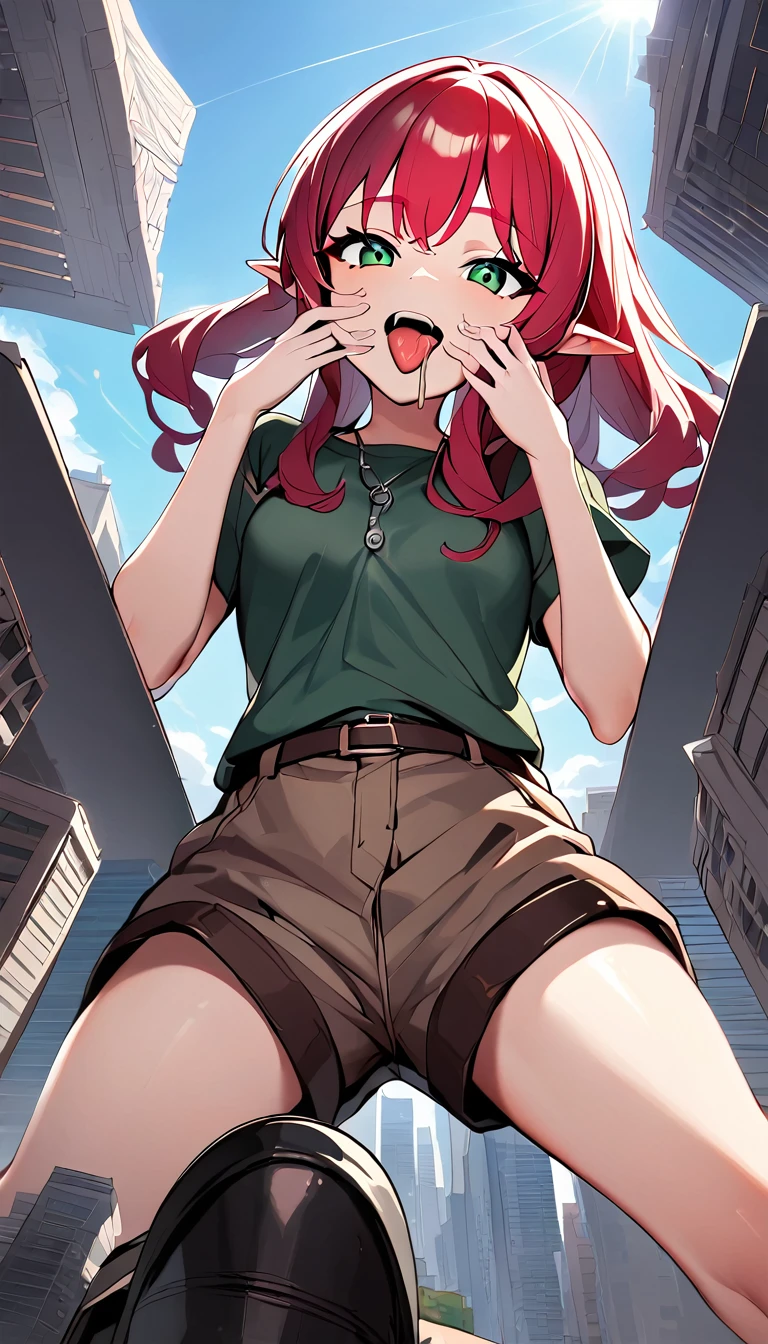 1 female elf with long red hair, emerald green eyes, wearing a green top and brown cargo shorts, black Doc Martens, holding a tiny person above her mouth, tongue out, waiting for the tiny guy to land, pov from above, focusing on the fear in the tiny guy's eyes and the amusement on the lady elf's face, mischievous grin, detailed expression, depth of field, foreshortening, sky in the background, cityscape below, giantess, mega size, work of art, best quality, absurdly detailed