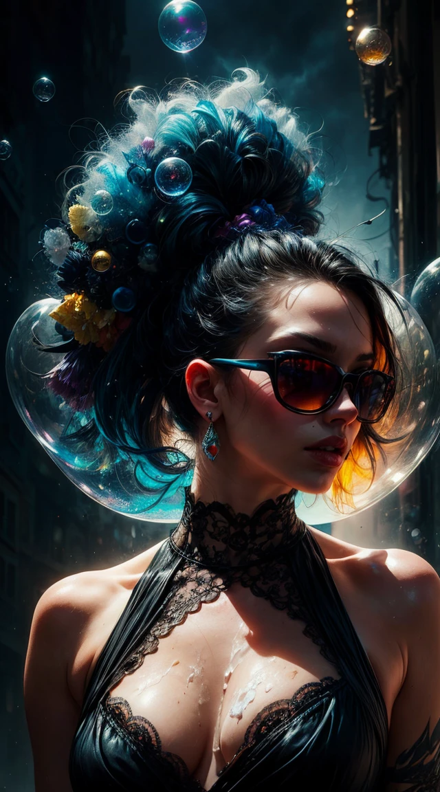 Snthwve Style Nvinkpunk Beautiful Drunk Woman Like Sandman Delusion, (amazing colored soap bubbles), por Jeremy Mann, by Sandra Chevrier, by dave mckean and richard avedon and maciej kuciara, punk rock, Sunglasses, regatta, high detailed, 4k, rtx