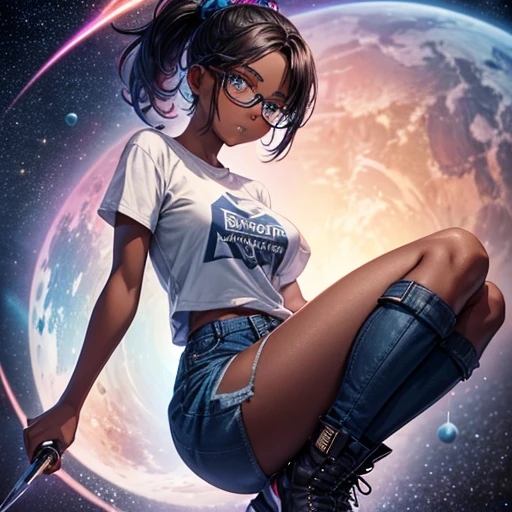 One girl, dark skin, Small breasts, wears thick-framed glasses that accentuate his facial features, Short Hair, Ponytail and gray, Silver Shirt, She is wearing another tight shirt underneath her shirt, Vibrant color details reminiscent of stars and planets in space, Blue skirt and high-top boots with non-slip soles,Holding a Chinese knife