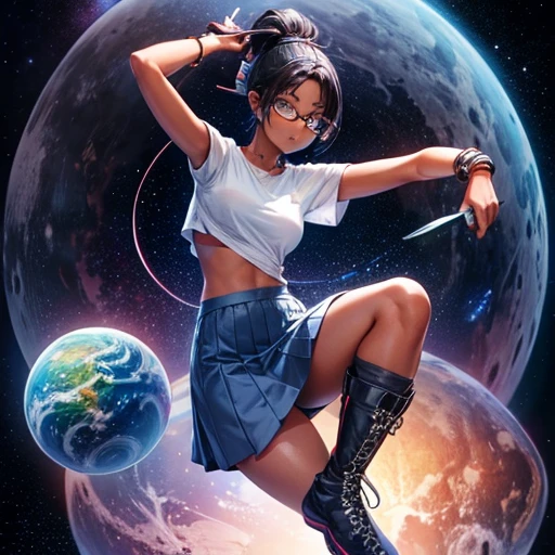 One girl, dark skin, Small breasts, wears thick-framed glasses that accentuate his facial features, Short black hair, Ponytail Silver Shirt, She is wearing another tight shirt underneath her shirt, Vibrant color details reminiscent of stars and planets in space, Blue skirt and high-top boots with non-slip soles,Holding a futuristic knife