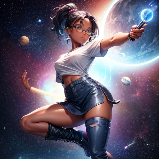 One girl, dark skin, Small breasts, wears thick-framed glasses that accentuate his facial features, Short Hair, Ponytail and gray, Silver Shirt, She is wearing another tight shirt underneath her shirt, Vibrant color details reminiscent of stars and planets in space, Blue skirt and high-top boots with non-slip soles,Holding a Chinese knife