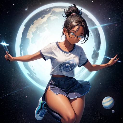 One girl, dark skin, Small breasts, wears thick-framed glasses that accentuate his facial features, Short Hair, Ponytail and gray, Silver Shirt, She is wearing another tight shirt underneath her shirt, Vibrant color details reminiscent of stars and planets in space, Blue skirt and high-top boots with non-slip soles,Holding a Chinese knife