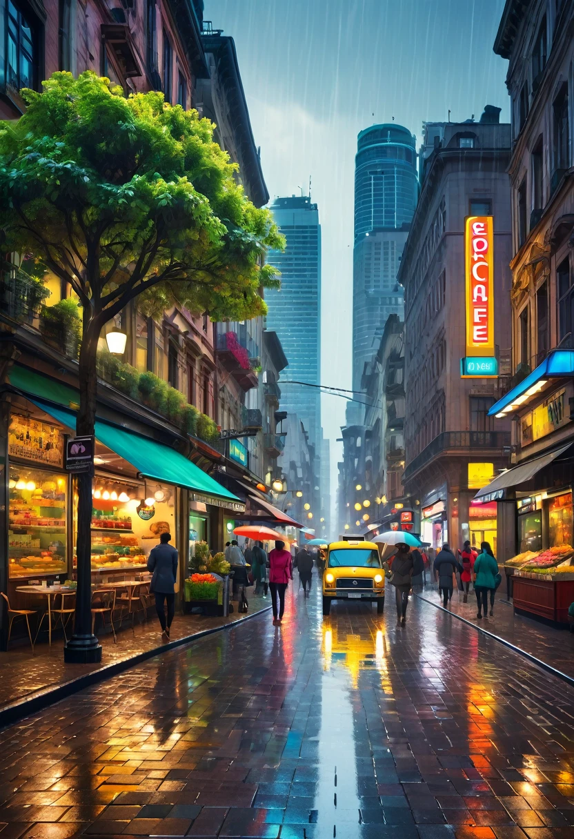 (best quality,4k,highres,masterpiece:1.2),ultra-detailed,realistic,photorealistic:1.37,colorful, vibrant, lively, urban landscape, bustling streets, (rainy weather), (city lights), (reflection of lights on wet ground), tall buildings, architecture, (skyscrapers), (modern, futuristic buildings), (tree-lined streets), (people walking, bustling crowds), (street vendors), (cafes and bistros), (traffic), (public transportation), (bicycles), (pedestrian bridges), (fountains), (parks and squares), (street art), (city skyline), (pigeons flying), (pedestrian crossings), (billboards and advertisements), (shops and boutiques), (historical landmarks), (cobblestone streets), (street musicians), (city landmarks), (colorful graffiti), (food trucks), (street performers), (street signs and traffic lights), (busy intersections), (nostalgic atmosphere), (flower stands), (cultural diversity), (various architectural styles), (vibrant nightlife), (cityscape), (coffee shops and bakeries), (vintage cars), (busy cafes), (aromatic food smells), (narrow alleys), (hidden gems), (city outskirts), (stunning views), (playful street art).
