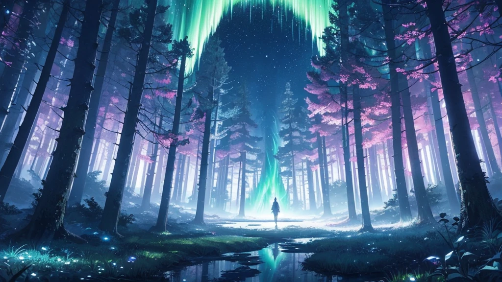 Magic forest in surreal anime style for ambient music cover. Giant trees with twisted trunks and luminescent leaves in pastel tones. A central clearing reveals a crystalline lake reflecting an impossible starry sky, with animated constellations and northern lights. Fantastic creatures like glowing deer and crystal butterflies float across the scene. Smooth and ethereal animation style, reminiscent of the works of Hayao Miyazaki mixed with the surrealism of &#39;Paprika&#39;. Soft and dreamlike color palette: deep blues, soft greens and delicate pinks. The general atmosphere is serene and mystical. Composition that invites the viewer to immerse themselves in this dream world