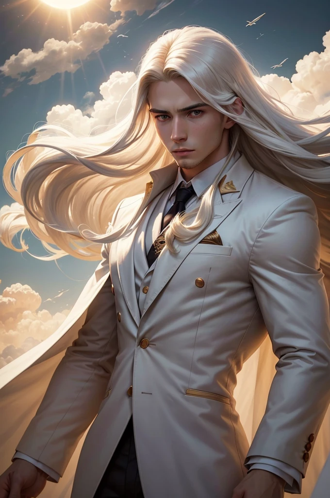 man, twenty four years old, white long hair, wearing white suit, strong body, calm face, golden eyes, long distance view, wide angle image, no beard, flying above the clouds, cloudy day, dark clouds, giant sun at the horizon, epic and emotional scene