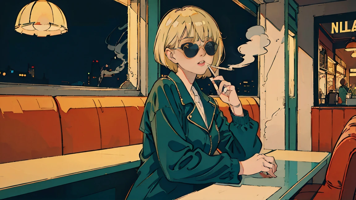 Beautiful blonde Asian girl sitting in a diner at night, visible from the window, perfect face, sunglasses, Smoking white Taylormade cigarettes, neon black, (with backlight: 1.1), hard shadow, masterpiece, highest quality, Complex, model shooting style, vintage, film grain, incomplete details