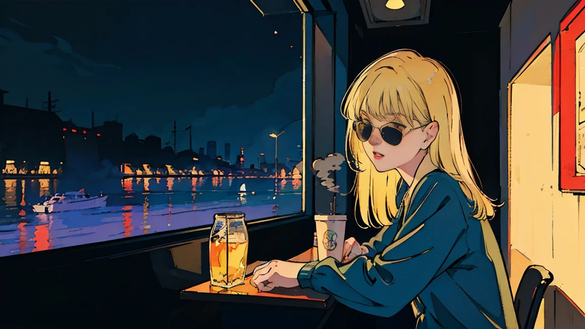 Beautiful blonde Asian girl sitting in a diner at night, visible from the window, perfect face, sunglasses, Smoking white Taylormade cigarettes, neon black, (with backlight: 1.1), hard shadow, masterpiece, highest quality, Complex, model shooting style, vintage, film grain, incomplete details