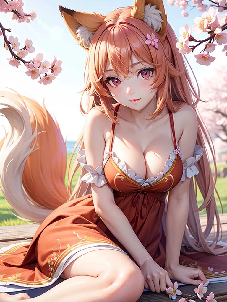 (masterpiece), best quality, expressive eyes, perfect face, fox girl, ((fluffy tail)), (under cherryblossom tree), coloful summer dress, embroided summer dress, red eyes, detailed eyes, perfect face, cleavage, best view angle, Portrait effect 