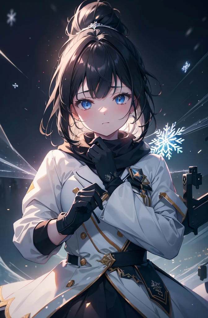 masterpiece, Highest quality, (Very detailed CG Unity 8k), (Highest quality), (Best illustrations), (Best Shadow), Luminous particle effect, (((Particle Effects))), Isometric 3D, Octane Rendering, Ray Tracing, Very detailed, Snowflakes falling from the sky, night, girl, winter uniform, ponytail, black hair, long hair, Aurora, holding Snowflakes, gloves, face focus, 