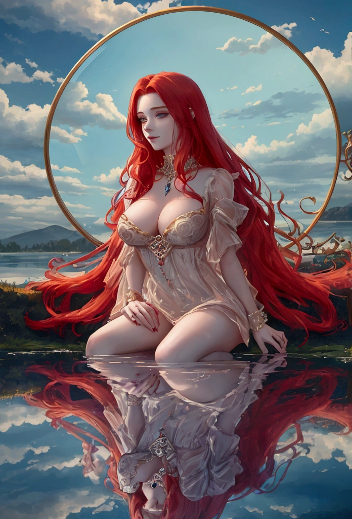 (masterpiece), best quality, ginger hair, red hair, scottish witch(vibrant:0.9+pastel:0.8), scottish succubus, dominant allure, ultra-detailed, (ethereal), (lady of the lake),(alluringly beautiful:1.2),(captivatingly sexy:1.3), floating, (vibrant:0.9+pastel:0.8) colors, (reflection on water:1.2), (mystical atmosphere), high resolution, dynamic angle.