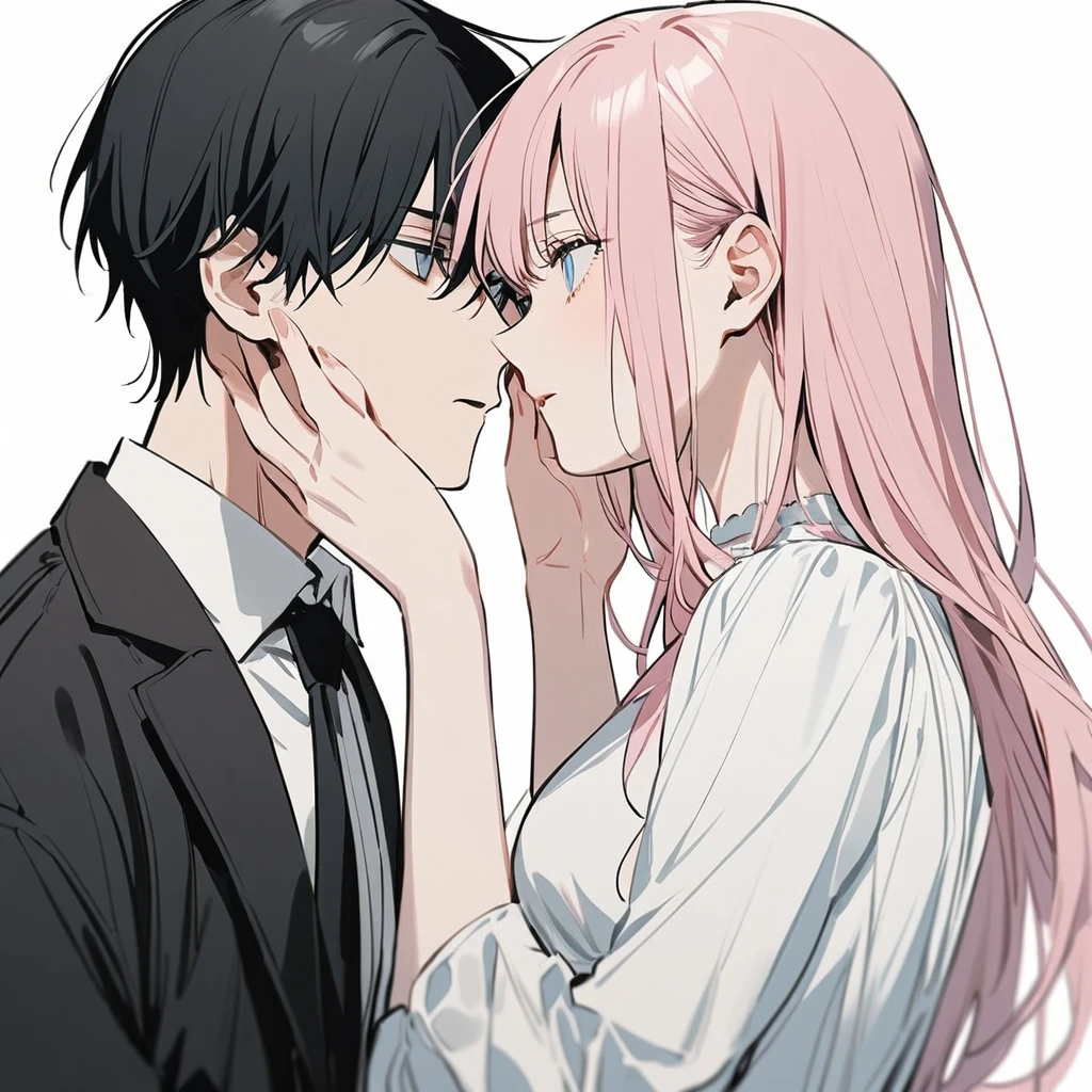 1 older woman with long, light pink hair and blue eyes,with 1 younger boy with short black hair and gray eyes,(she holding his face, they looking at each other), ((Couple)),both with a white blouse and a black tie,White background, chainsaw man style