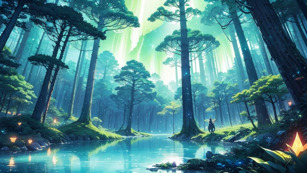 Magic forest in surreal anime style for ambient music cover. Giant trees with twisted trunks and luminescent leaves in pastel tones. A central clearing reveals a crystalline lake reflecting an impossible starry sky, with animated constellations and northern lights. Fantastic creatures like glowing deer and crystal butterflies float across the scene. Smooth and ethereal animation style, reminiscent of the works of Hayao Miyazaki mixed with the surrealism of 'Paprika'. Soft and dreamlike color palette: deep blues, soft greens and delicate pinks. The general atmosphere is serene and mystical. Composition that invites the viewer to immerse themselves in this dream world