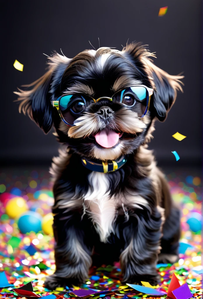 masterpiece:stage,(2 adorable small black Shih Tzu puppies This is a rock star Wearing sunglasses Fashion Clothin Human movement,motion capture。excited,Cheerful,Confetti