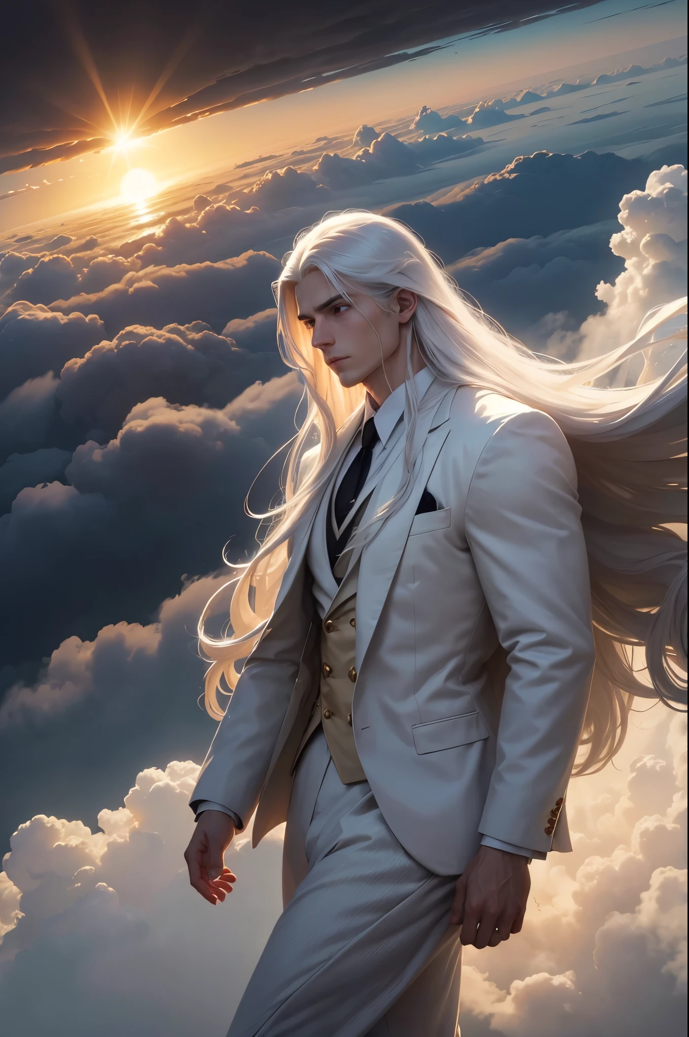 man, twenty four years old, white long hair, wearing white suit, strong body, calm face, golden eyes, long distance view, wide angle image, no beard, flying above the clouds, cloudy day, dark clouds, giant sun at the horizon, epic and emotional scene