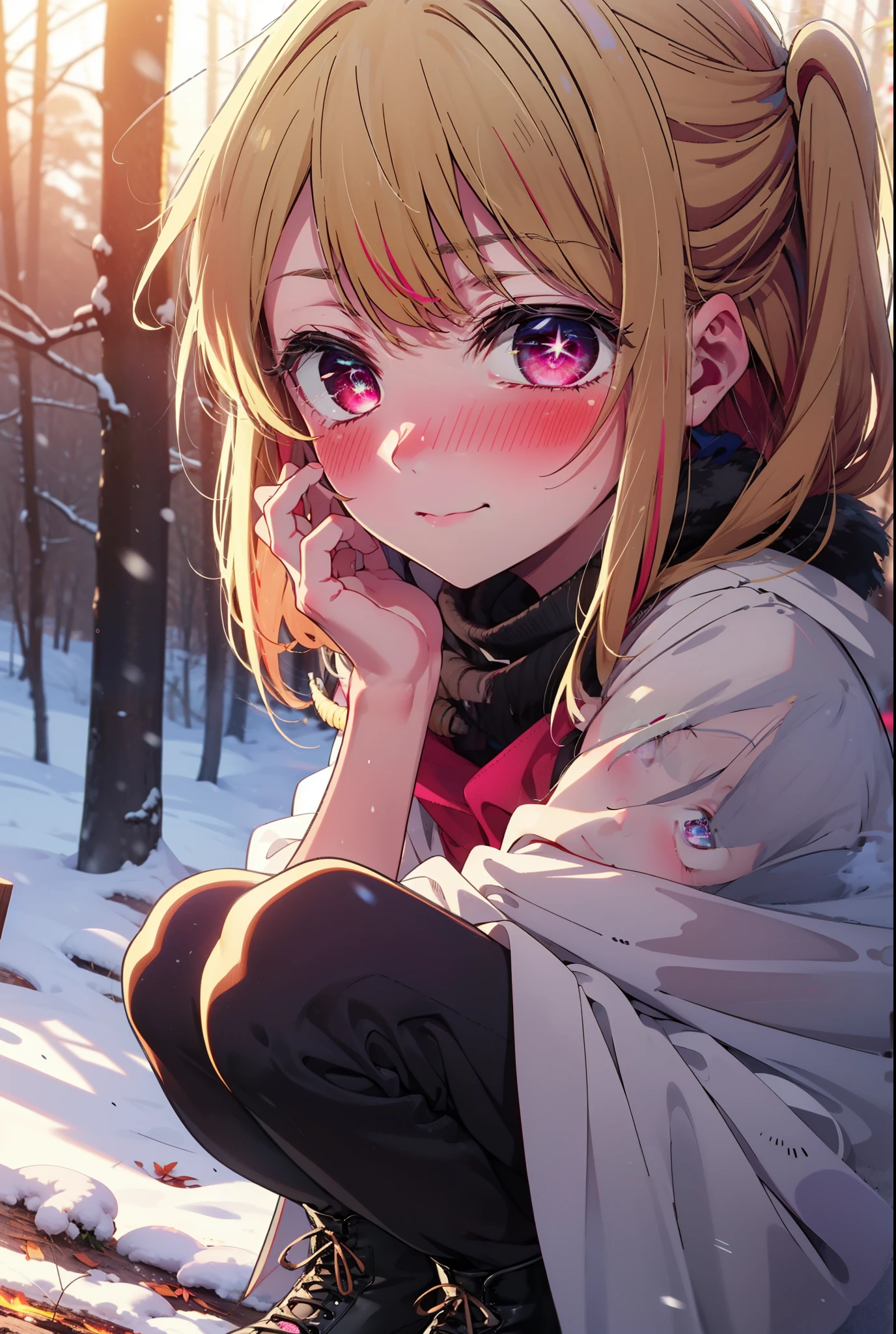 rubyhoshino, Hoshino Ruby, Long Hair, bangs, blonde, (Pink Eyes:1.3), Side Lock, (Symbol-shaped pupil:1.5), Multicolored Hair, Two-tone hair, smile,,smile,blush,white breath,
Open your mouth,snow,Ground bonfire, Outdoor, boots, snowing, From the side, wood, suitcase, Cape, Blurred, , forest, White handbag, nature, Squat, Mouth closed, Cape, winter, Written boundary depth, Black shoes, red Cape break looking at viewer, Upper Body, whole body, break Outdoor, forest, nature, break (masterpiece:1.2), Highest quality, High resolution, unity 8k wallpaper, (shape:0.8), (Beautiful and beautiful eyes:1.6), Highly detailed face, Perfect lighting, Extremely detailed CG, (Perfect hands, Perfect Anatomy),