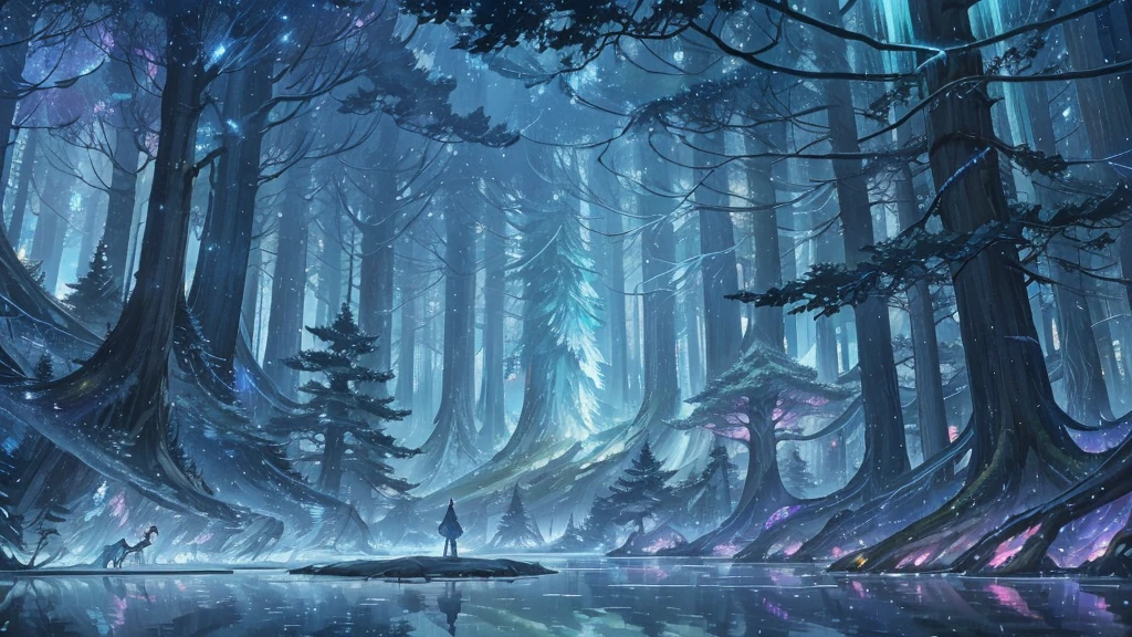 Magic forest in surreal anime style for ambient music cover. Giant trees with twisted trunks and luminescent leaves in pastel tones. A central clearing reveals a crystalline lake reflecting an impossible starry sky, with animated constellations and northern lights. Fantastic creatures like glowing deer and crystal butterflies float across the scene. Smooth and ethereal animation style, reminiscent of the works of Hayao Miyazaki mixed with the surrealism of 'Paprika'. Soft and dreamlike color palette: deep blues, soft greens and delicate pinks. The general atmosphere is serene and mystical. Composition that invites the viewer to immerse themselves in this dream world