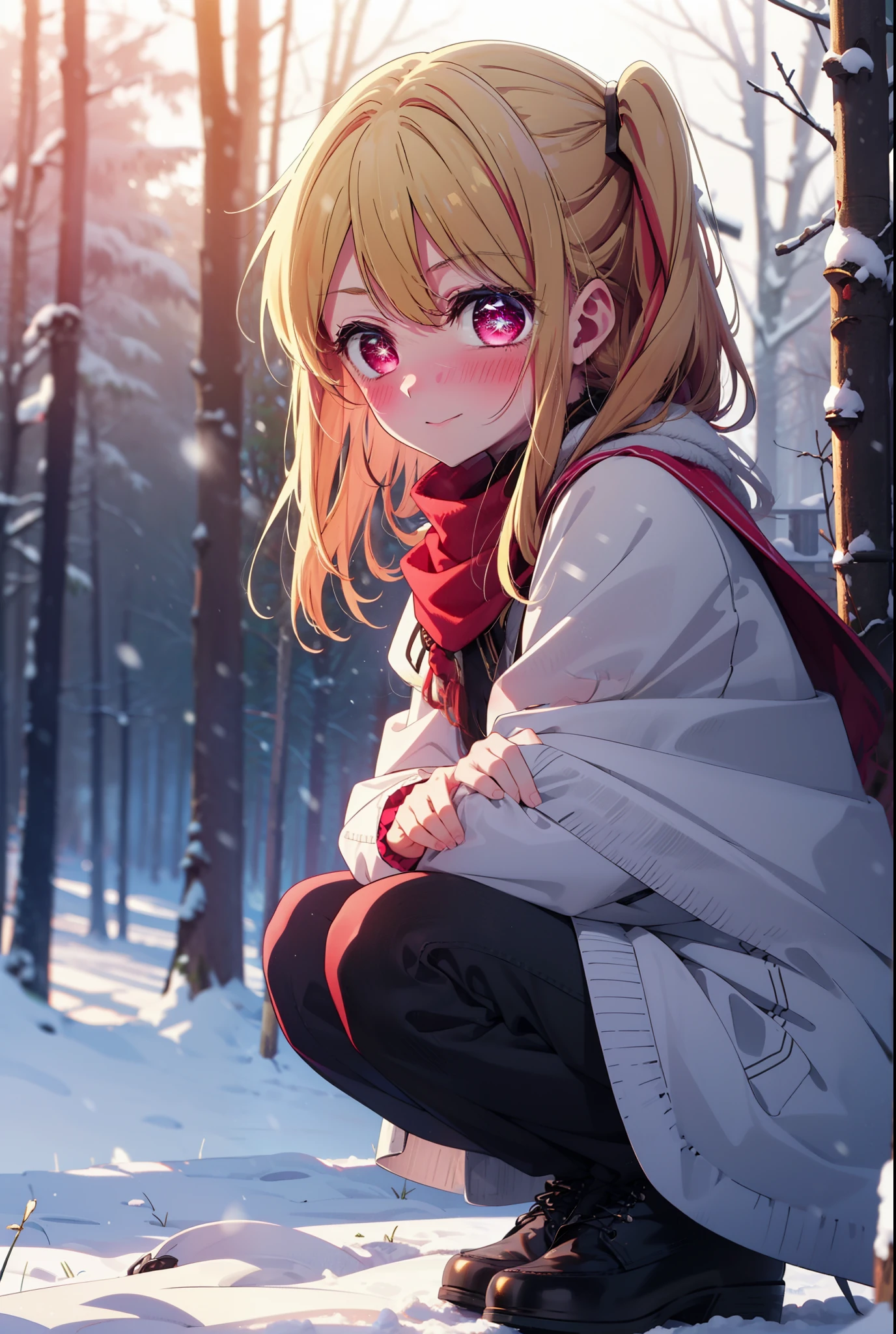 rubyhoshino, Hoshino Ruby, Long Hair, bangs, blonde, (Pink Eyes:1.3), Side Lock, (Symbol-shaped pupil:1.5), Multicolored Hair, Two-tone hair, smile,,smile,blush,white breath,
Open your mouth,snow,Ground bonfire, Outdoor, boots, snowing, From the side, wood, suitcase, Cape, Blurred, , forest, White handbag, nature, Squat, Mouth closed, Cape, winter, Written boundary depth, Black shoes, red Cape break looking at viewer, Upper Body, whole body, break Outdoor, forest, nature, break (masterpiece:1.2), Highest quality, High resolution, unity 8k wallpaper, (shape:0.8), (Beautiful and beautiful eyes:1.6), Highly detailed face, Perfect lighting, Extremely detailed CG, (Perfect hands, Perfect Anatomy),