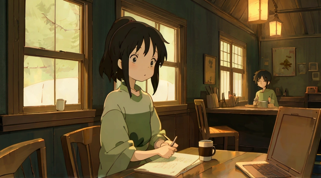 Create an image with the ghibli studio traits of a boy and a girl studying in a somewhat dark environment with a lamp nearby, and two cups of coffee, each has his laptop in front of him, there is a window behind him