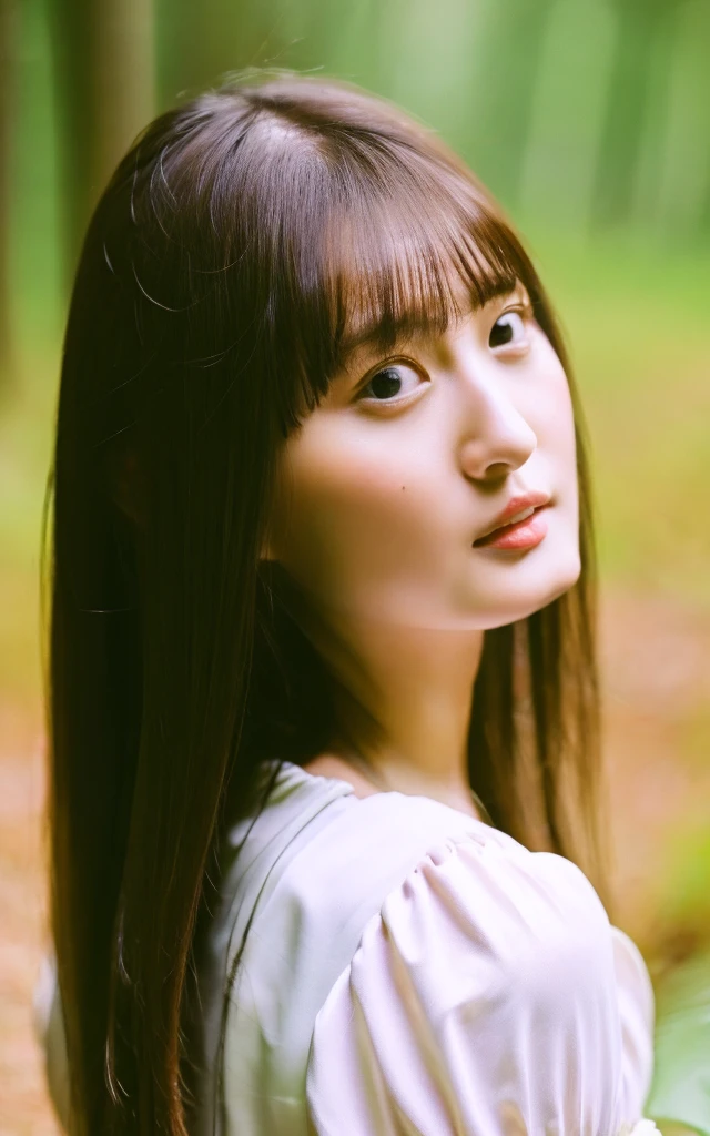 masterpiece, Best Quality, 8K, 1 girl, Japanese cute  girl, in summer, forest, stream, out of focus, 18 yo, large breasts, Mouth slightly open, cute little, Solo, sad, summer dress, Girly, Delicate girl, Neat and clean beauty, Raw photo, Professional Photography, Portrait, Soft light, Professional Lighting, Back lighting, Upper body, see the beholder, Sophisticated, Film grain, (Eyes and faces with detailed:1.0), medium hair swaying in the wind, beautiful flowing brown hair,