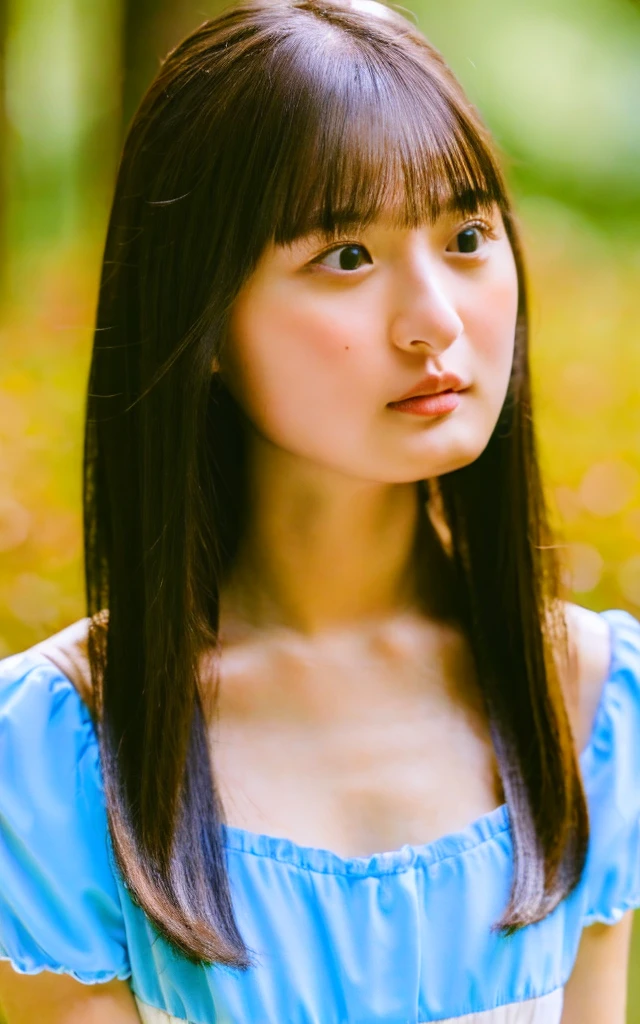 masterpiece, Best Quality, 8K, 1 girl, Japanese cute  girl, in summer, forest, stream, out of focus, 18 yo, large breasts, Mouth slightly open, cute little, Solo, sad, summer dress, Girly, Delicate girl, Neat and clean beauty, Raw photo, Professional Photography, Portrait, Soft light, Professional Lighting, Back lighting, Upper body, see the beholder, Sophisticated, Film grain, (Eyes and faces with detailed:1.0), medium hair swaying in the wind, beautiful flowing brown hair,