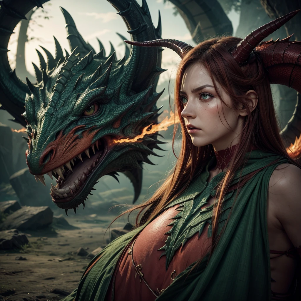 Angry dragon, red skin, long horns, green eyes, leaving a portal