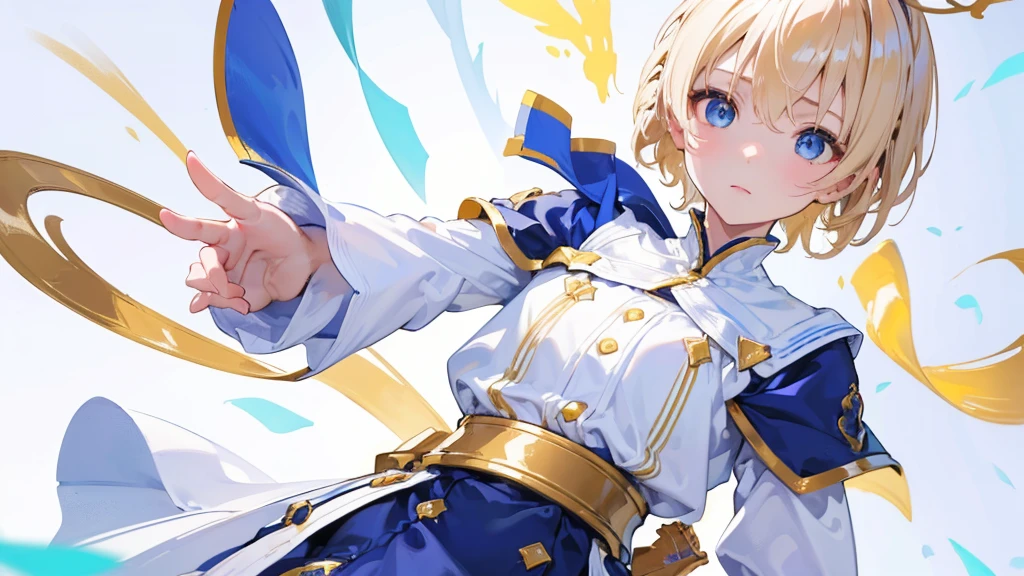 (Highest quality) (4K) (8k) (High resolution) (masterpiece:1.2) (Super detailed) One boy short hair Wizard Blue Eyes Long sleeve Golden decoration Hair between the eyes White Dress Wavy golden hair Upper Body crown (White Background) cute Young Serious