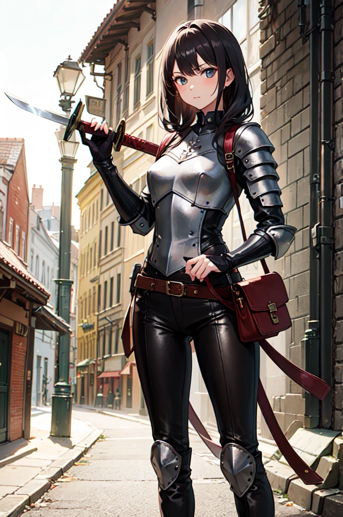 One girl,20-year-old,Leather Armor,Leather Handbags,Leather boots,Holding a sword,Cowboy Shot,Fantasy World