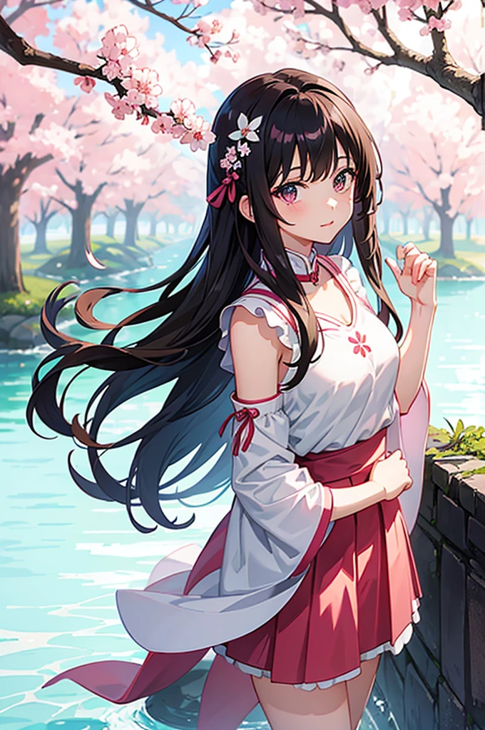 anime girl, sakura trees, dark hair