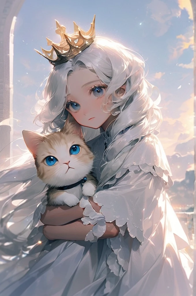 ((Лучшее качество)), ((шедевр)), (подробный), The girl is an alien. the eyes are gray-black and very very large. the skin color is gray-blue. the long white dress glitters. The girl is a princess. There is a crown and a veil on his head. The sun is behind us. The girl has a striped brown cat in her arms .white hair , long to the floor
