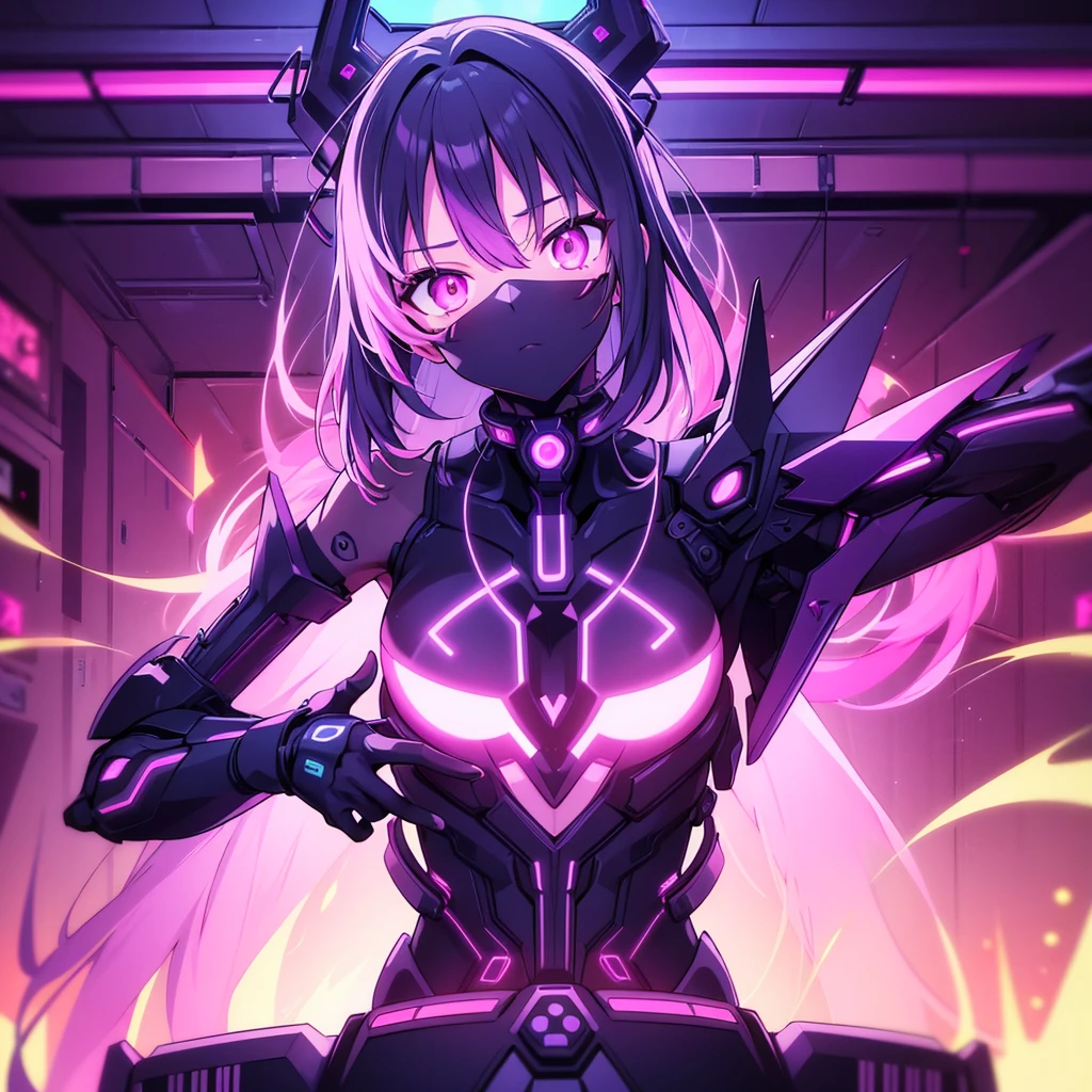 , NO_LINE_ART, kimono, eyes, dynamic pose, dynamic shot, A futuristic and cyberpunk room. The entire room is filled with intensely glowing elements from neon lights and holographic displays placed throughout. upper body shot