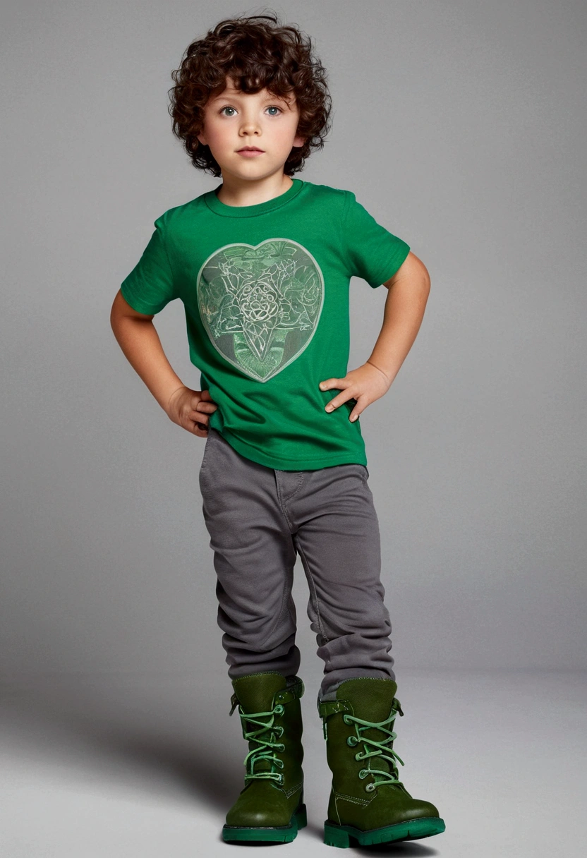 Dark-haired boy with curly brown hair and green eyes, with a green t-shirt and gray pants with green details and cool gray boots and green details