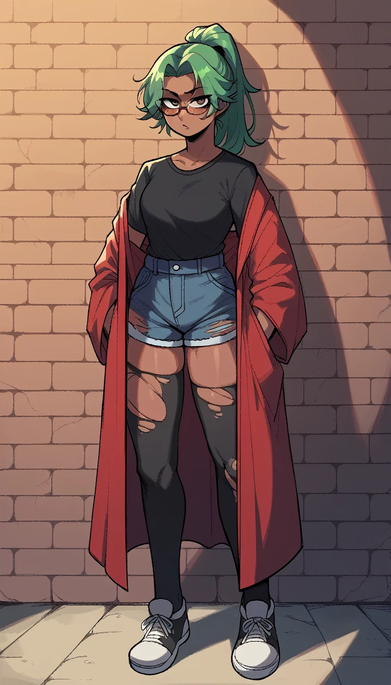 bright green hair, and a ponytail standing in front of a brick wall, glasses, full body portrait of a short!, cel - shaded art style, character full body portrait, full body close-up shot, a character portrait, dressed in a red robe, female emo art student, black jean shorts, black pantyhose, , dark skin, torn black shirt, full body character portrait, inspired by Taiyō Matsumoto