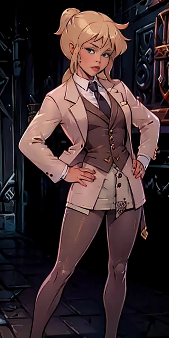 ((Masterpiece, white background)) full body of a woman, skirt suit, (((three-piece suit))), (((dress shirt))), (((necktie))), (((blazer))), (((suit jacket))), ((waistcoat)), double-breasted waistcoat, pocket square, cufflinks, tie clip, tight clothing, formal clothing, slender figure, tailored suit, feet together, standing feet together, fantasy victorian art, beautiful and elegant queen, portrait of queen of light, fantasy portrait art, gothic fantasy art, a beautiful fantasy empress, hands on hips (Holli Would)