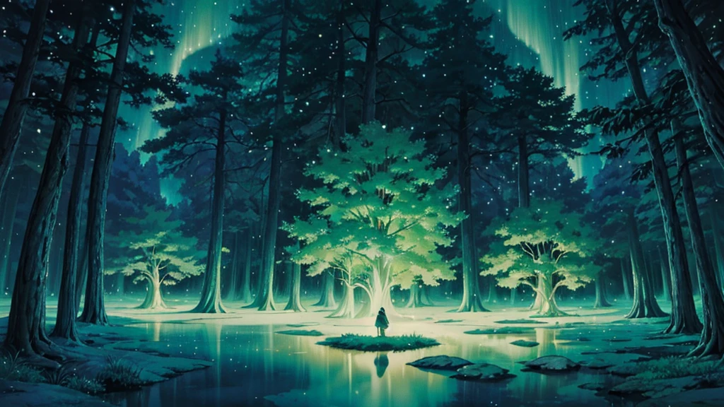 Magic forest in surreal anime style for ambient music cover. Giant trees with twisted trunks and luminescent leaves in pastel tones. A central clearing reveals a crystalline lake reflecting an impossible starry sky, with animated constellations and northern lights. Fantastic creatures like glowing deer and crystal butterflies float across the scene. Smooth and ethereal animation style, reminiscent of the works of Hayao Miyazaki mixed with the surrealism of &#39;Paprika&#39;. Soft and dreamlike color palette: deep blues, soft greens and delicate pinks. The general atmosphere is serene and mystical. Composition that invites the viewer to immerse themselves in this dream world
