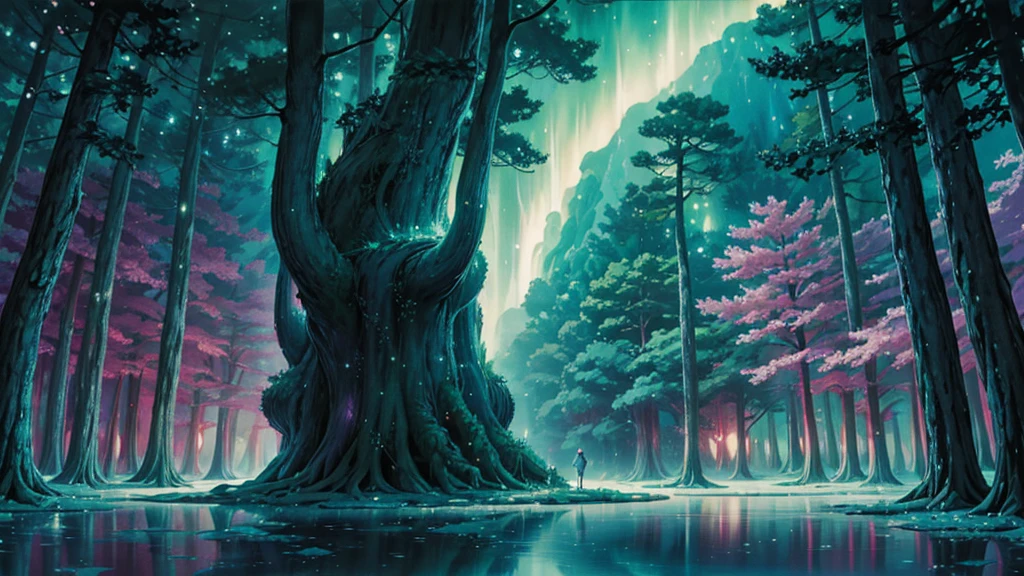 Magic forest in surreal anime style for ambient music cover. Giant trees with twisted trunks and luminescent leaves in pastel tones. A central clearing reveals a crystalline lake reflecting an impossible starry sky, with animated constellations and northern lights. Fantastic creatures like glowing deer and crystal butterflies float across the scene. Smooth and ethereal animation style, reminiscent of the works of Hayao Miyazaki mixed with the surrealism of &#39;Paprika&#39;. Soft and dreamlike color palette: deep blues, soft greens and delicate pinks. The general atmosphere is serene and mystical. Composition that invites the viewer to immerse themselves in this dream world
