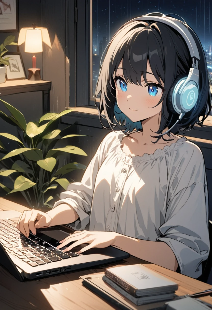 1girl, solo, blue eyes, (detailed eyes), gentle smile on her face flat chest, short hair, black hair, upper body, wearing a white dress shirt ((masterpiece, illustration, best quality)) rainy night, a girl studying while listening to music with headphones, the night view is very beautiful with beautiful candle on her table. there are plants in the background, She is typing her laptop with a beautiful night view with books and plants in the background with coffee on the desk